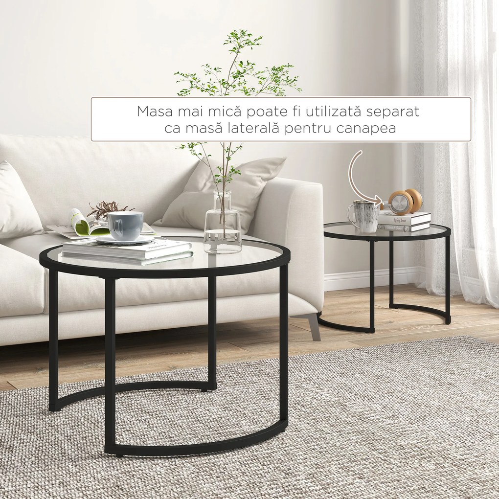 HOMCOM Set de 2 Mese de Cafea Suprapozabile din Sticlă și Oțel, Ø70x47.5 cm și Ø54x42.5 cm, Negru | Aosom Romania