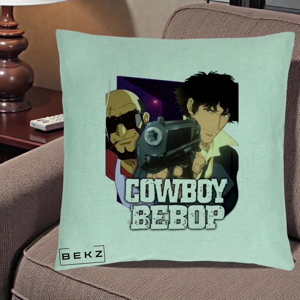 Perna Personalizata Cowboy Bebop Spike si Jet Poster, 40x40 cm, Verde Menta, Husa Detasabila, Perna Inclusa, BEKZ®
