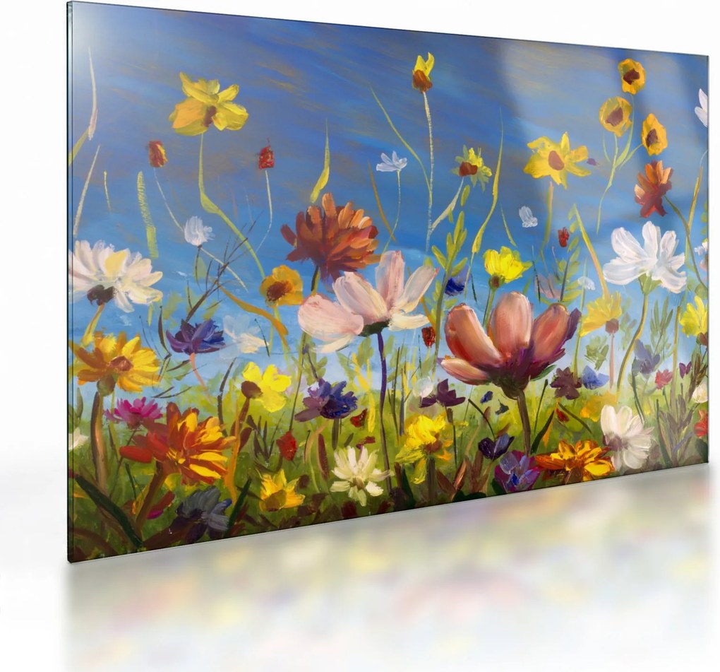 Tablou pe sticlă cu luncă înflorită (70x50 cm)