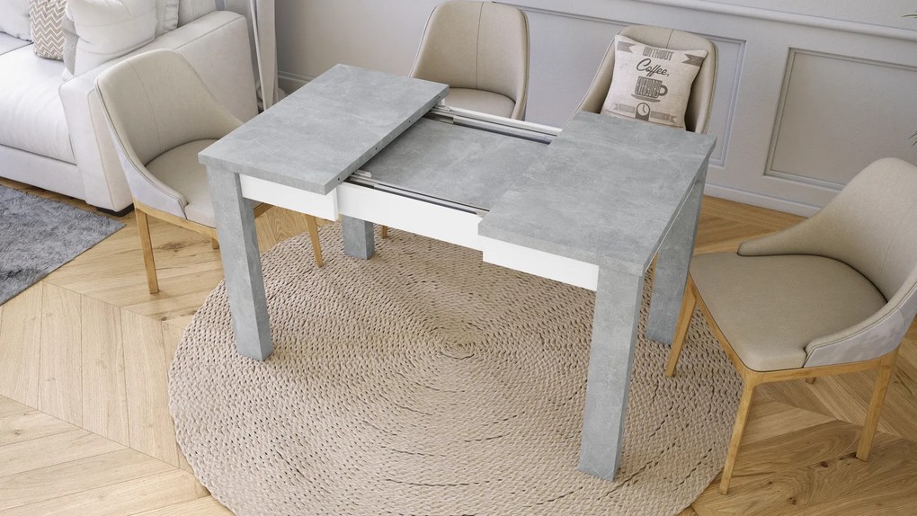 Mazzoni FONTE Beton Deschis Atelier / Alb Mat - MASĂ CLASICĂ DE BUCĂTĂRIE/LIVING 85X75 EXTENSIBILĂ PÂNĂ LA 130 cm!