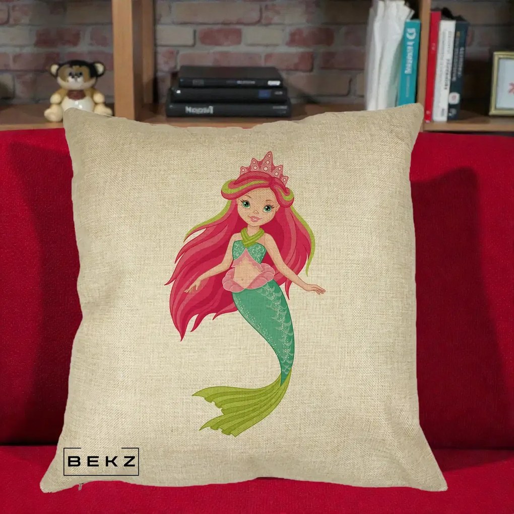 Perna Decorativa Sirena Roz cu Coroana, 40x40 cm, Crem, Husa Detasabila, Perna Inclusa, BEKZ®