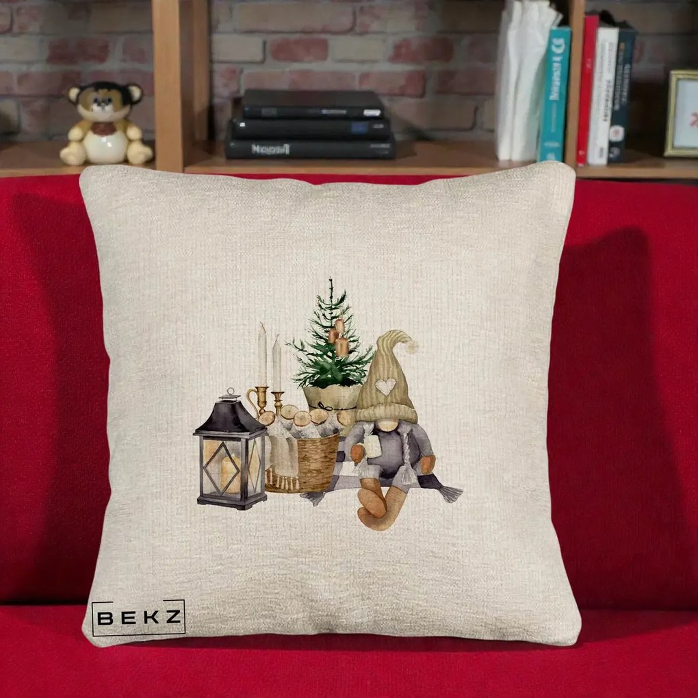 Perna Decorativa Gnom Scandinav cu Felinar, 40x40 cm, Bej Canapea, Husa Detasabila, Perna Inclusa, BEKZ®