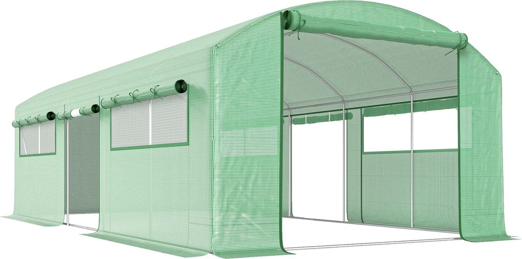 Outsunny Seră Tunel cu 3 Uși Rulante, 6 Ferestre, Țăruși și Frânghii, Seră de Grădină din Oțel Galvanizat, 6x3x2 m, Verde | Aosom Romania