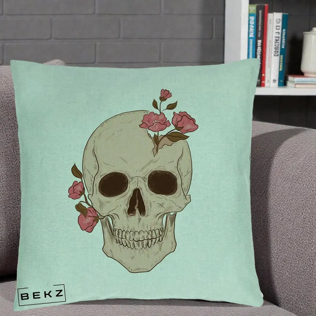 Perna Decorativa Craniu Floral Gothic, 40x40 cm, Verde Menta, Husa Detasabila, Perna Inclusa, BEKZ®