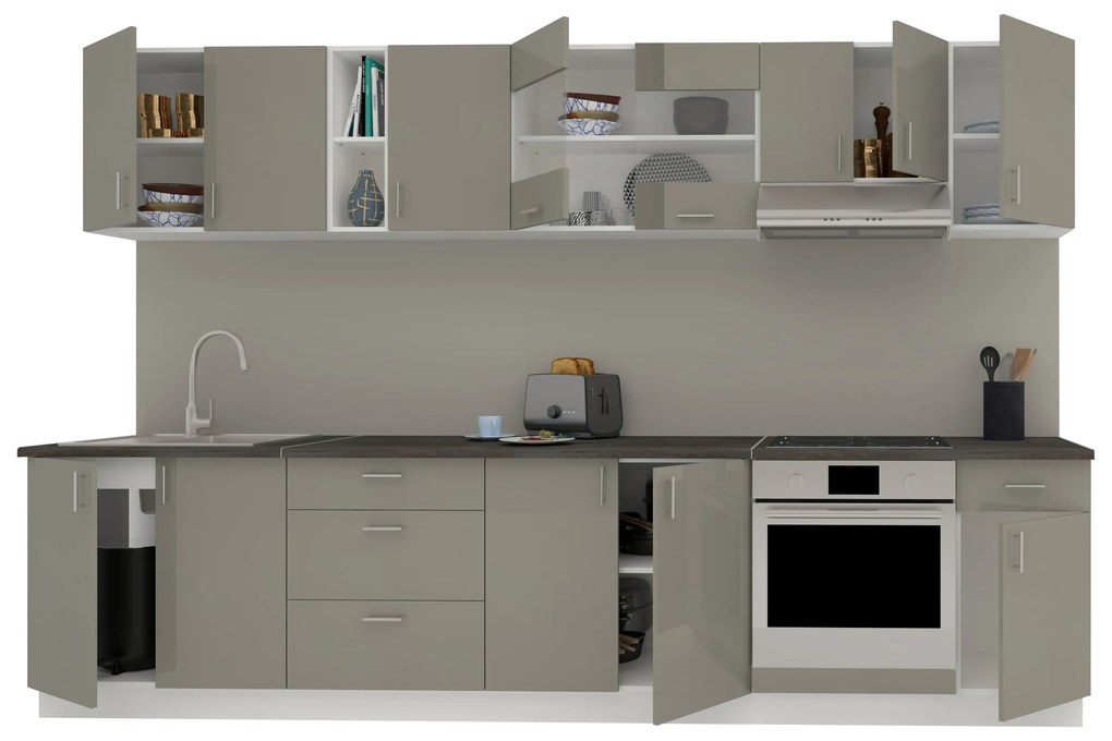 Set Bucatarie Karo V28, Gri Lucios/Alb, MDF, Blat Thermo 28 mm, L 320 cm