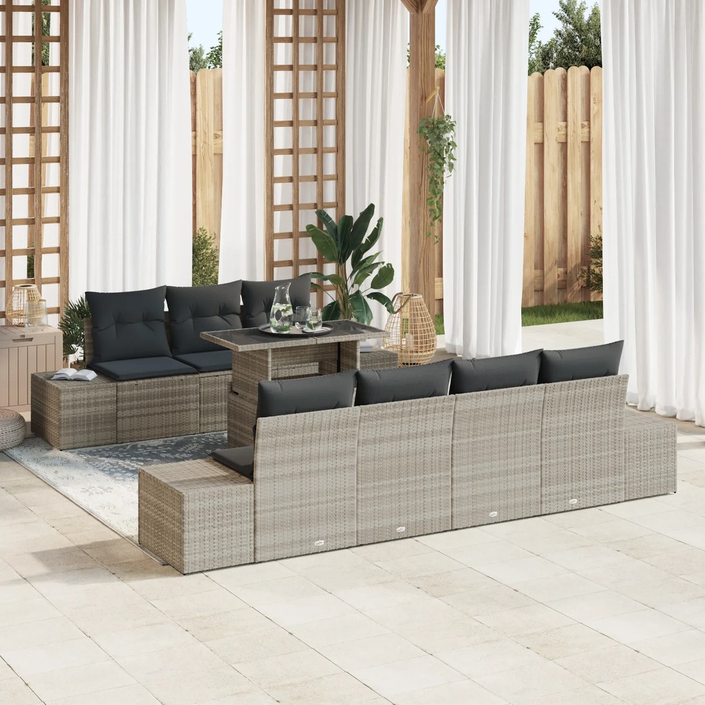 vidaXL Set de canapea pentru grădină, 8 piese, cu perne, gri deschis, rattan sintetic