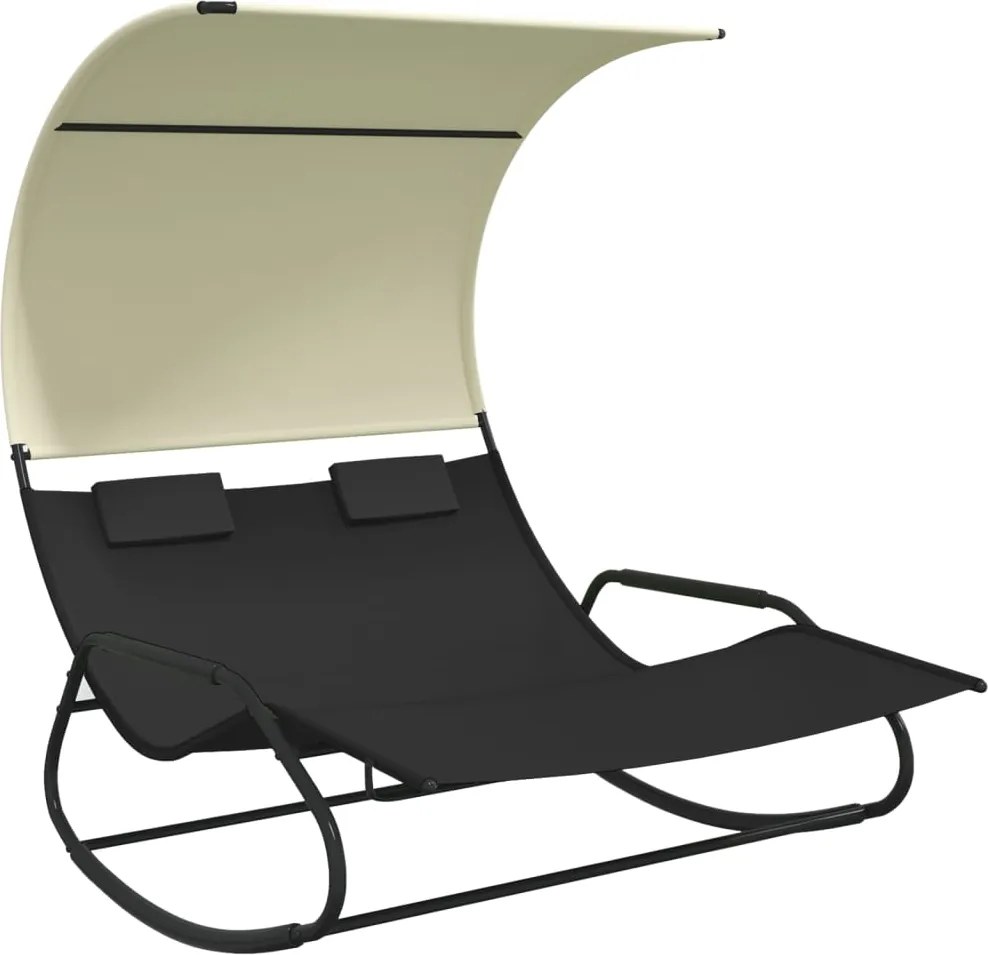 vidaXL Șezlong balansoar plajă dublu/baldachin, negru/crem, textilenă