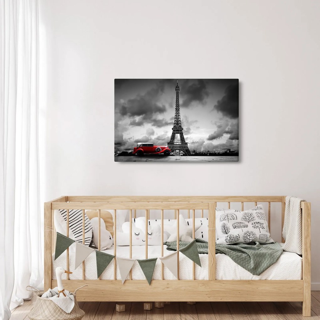 Tablou - Turnul Eiffel și mașina roșie (90x60 cm)