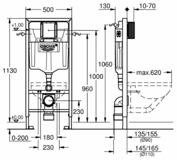 Set de instalare incastrata pentru WC suspendat, inaltime 1,13 m, clapeta actionare Skate Air, crom