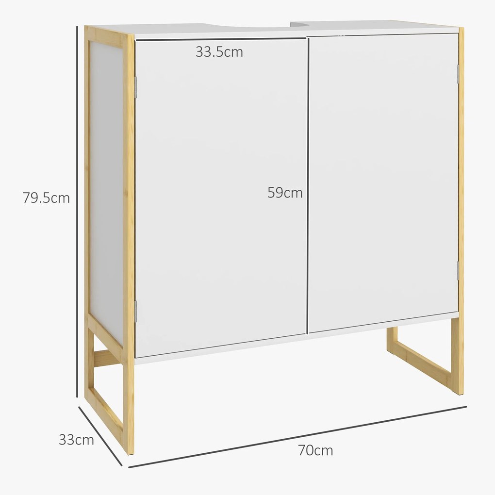 HOMCOM Dulap de Baie Sub Chiuvetă, Dulap de Depozitare din Bambus, Unitate Toaletă de Baie cu 2 Uși, 70x33x79.5 cm, Alb | Aosom Romania