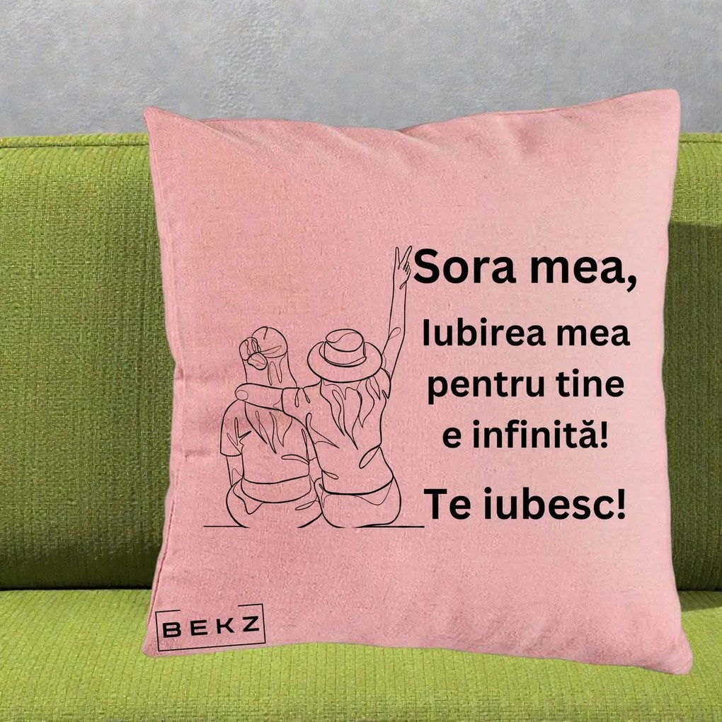 Cadou pentru Sora - Perna Personalizata Sora Mea Te Iubesc Line Art Portrete Colorate, 40x40 cm, Roz, Husa Detasabila, Perna Inclusa, BEKZ®