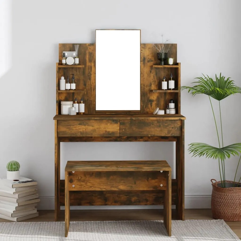 820496 vidaXL Masă de toaletă cu oglindă, stejar fumuriu, 96x40x142 cm