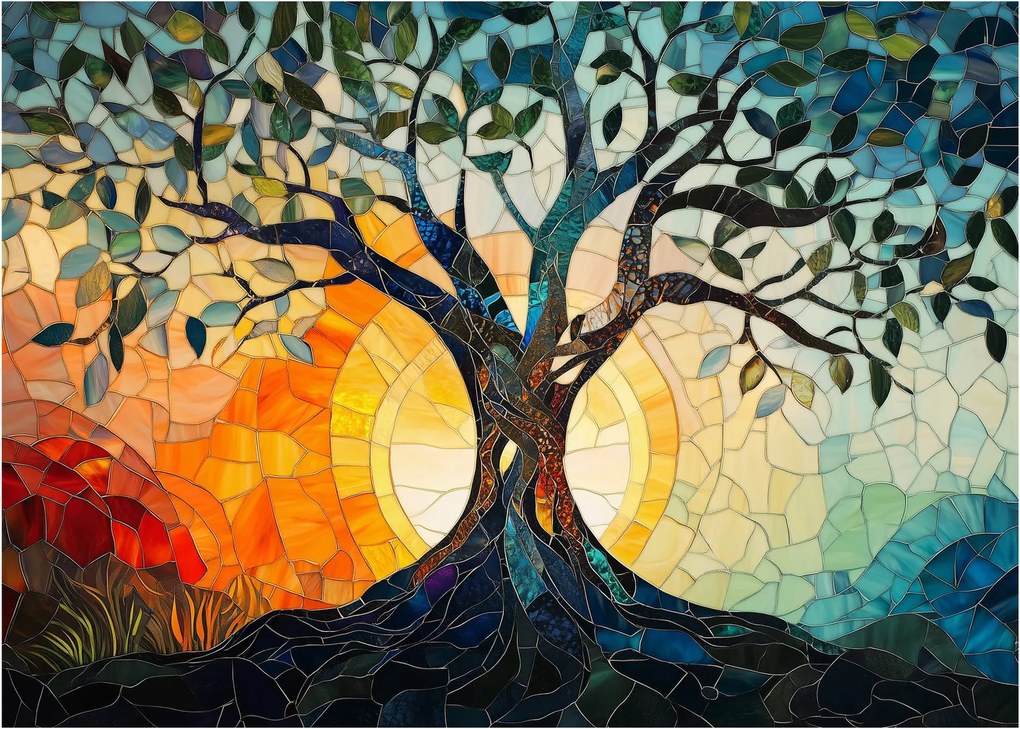 Tablou pe sticlă – Mozaic – soare și arbore I. (70x50 cm)