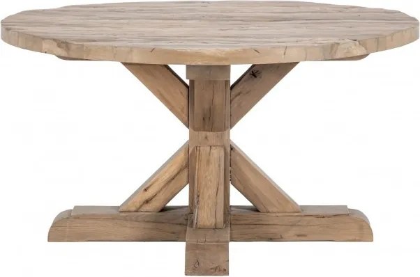 Masă dining rotundă din lemn masiv de stejar reciclat, natur, 6 locuri, cu picior central, 76 x 140 cm, „Honore”