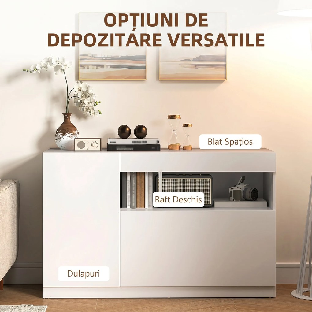 HOMCOM Bufet de Bucătărie cu Uși Amortizate, 2 Dulapuri, Raft Deschis, și 2 orificii pentru cabluri, 120x40x75 cm, Alb | Aosom Romania