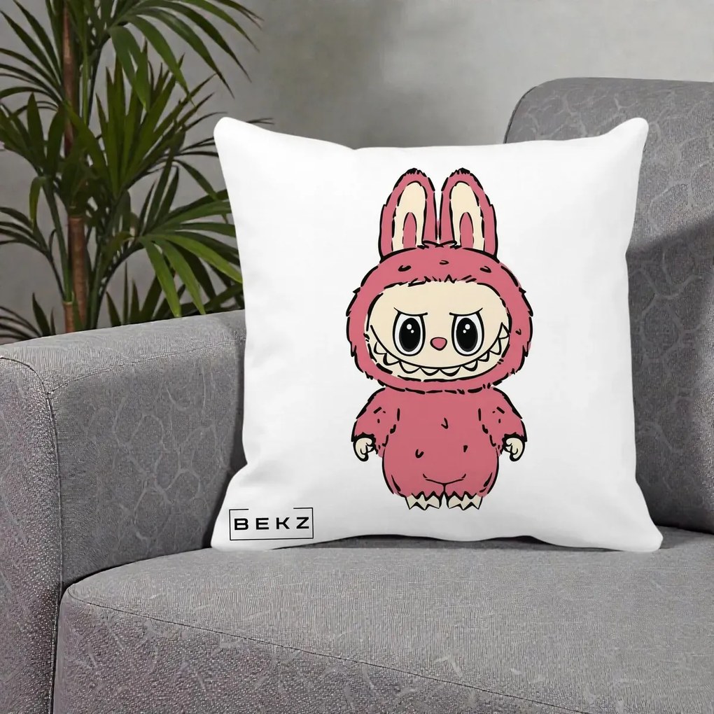 Perna personalizata Labubu: Labubu Roz Solo, 40x40 cm cu Umplutura, Alb Mat, BEKZ