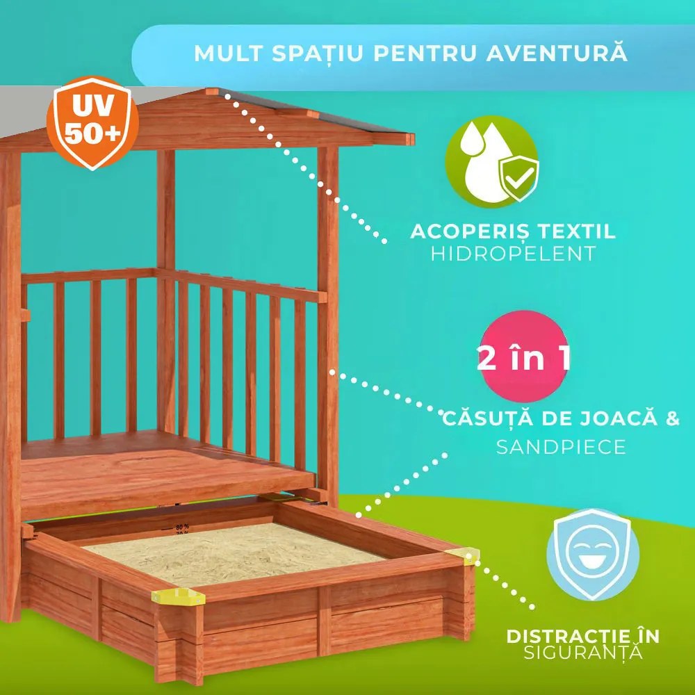 Groapa cu nisip cu verandă SUNNY, 130x130x143cm, maro/gri Jurhan