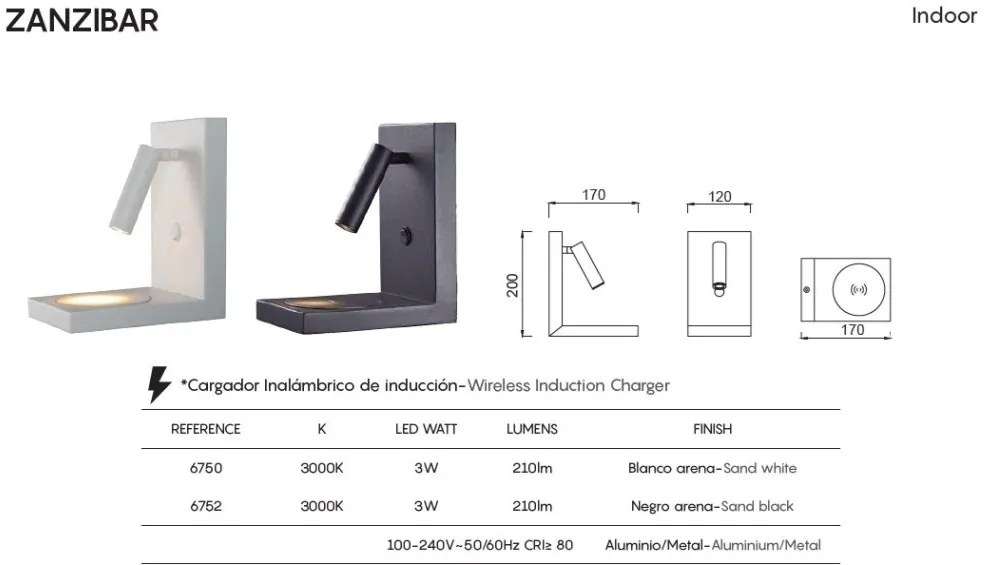 Aplica cu reader LED, incarcator wireless ZANZIBAR alb