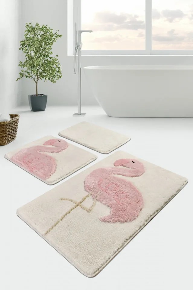 Set 3 Covorase de Baie Pınk Flamıngo, Acrilic, Crem / Roz