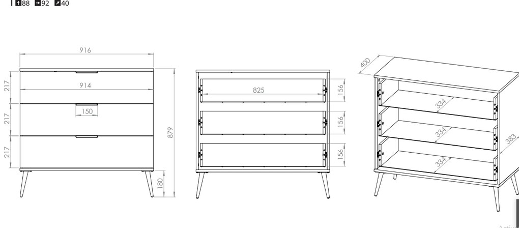 Comoda cu 3 sertare,  moderna lux ,pal alb alpin  auriu , picioare si manere auriu, 92 cm x 88 x 40 cm, spatioasa , pentru living, dormitor , spatiu