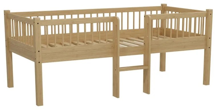 Pat Semi-Înălțat (Mid Sleeper) Forrest Oak 90x200 cm, pentru Camera Copii, din Lemn de Stejar, Natur, cu Scară și 2 Sertare – Vipack