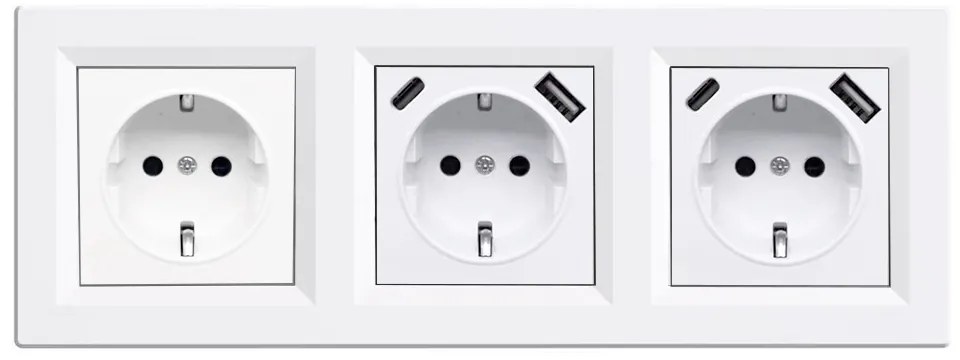 Priză cu împământare Nova III cu doi conectori USB și cadru alb