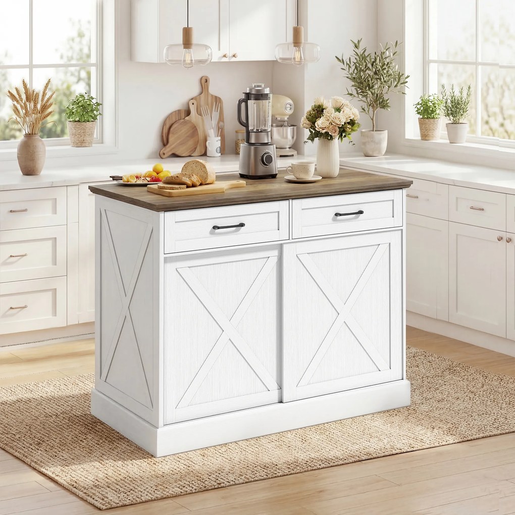 HOMCOM Insulă centrală de bucătărie, bufet de bucătărie, mobilier de depozitare cu 2 sertare, 2 uși culisante, poliță reglabilă, alb | Aosom Romania