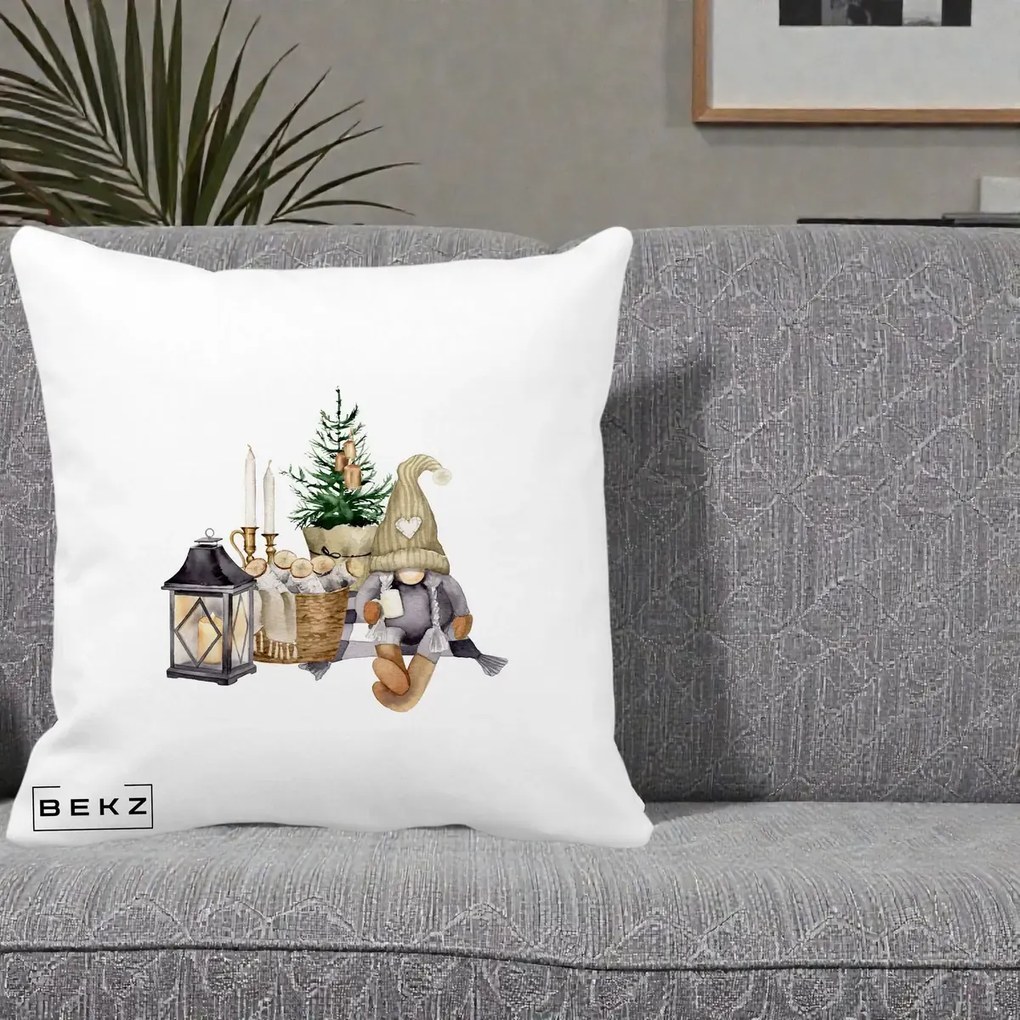 Perna Decorativa Gnom Scandinav cu Felinar, 40x40 cm, Alba Mata, Husa Detasabila, Perna Inclusa, BEKZ®