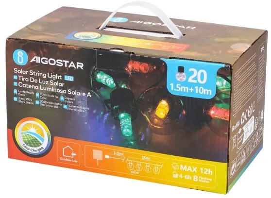 Instalație LED solară de Crăciun Aigostar 20xLED/8 funcții 11,5m IP65 multicolor