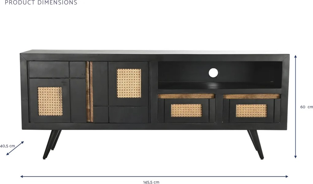 Comodă TV living din lemn de mango, negru, cu 2 uși, 2 sertare, nișă deschisă și inserții din ratan împletit, 60 x 145,5 x 40,5 cm, „Cheverny”