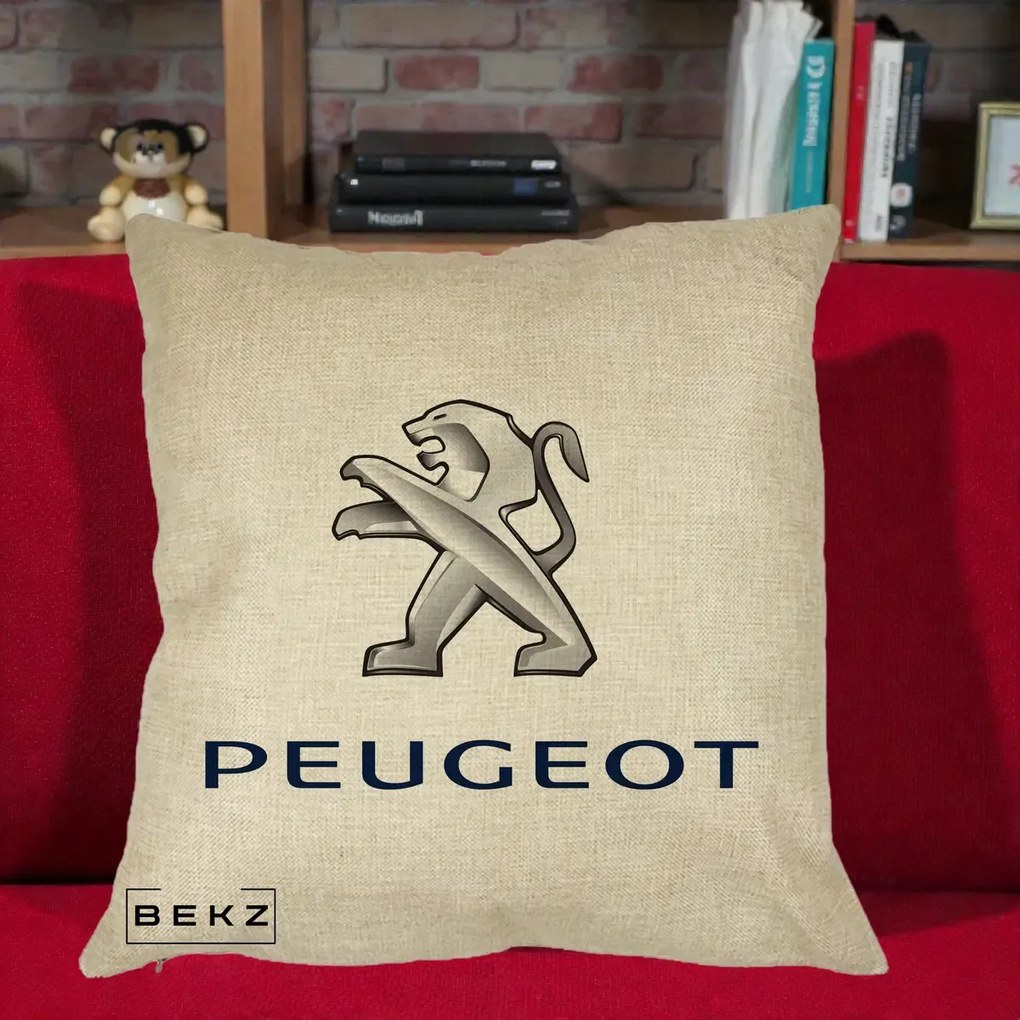 Perna Personalizata cu emblema Peugeot, 40x40 cm, Crem, Husa Detasabila, Perna Inclusa, BEKZ®