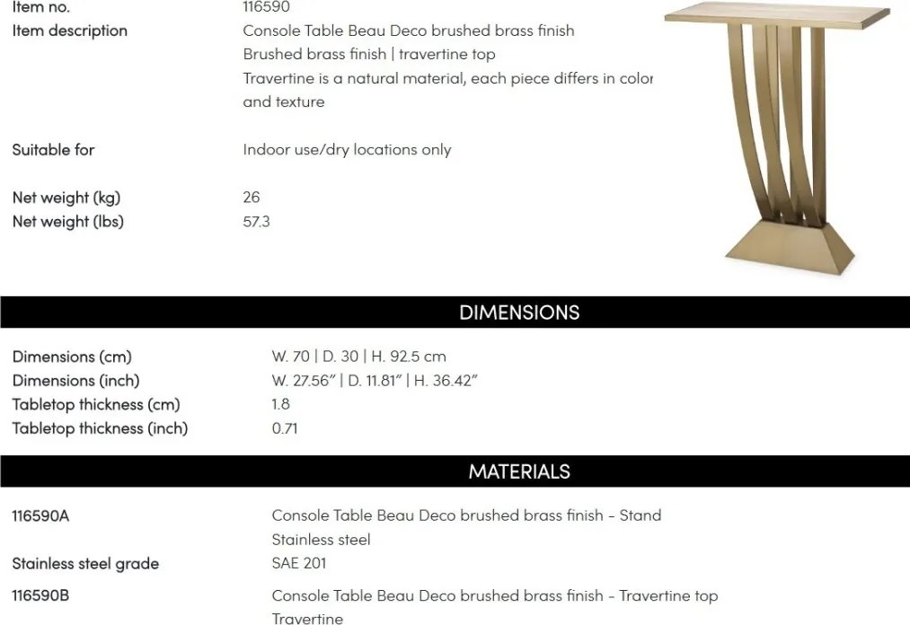 Consola eleganta cu blat din travertin Beau Deco