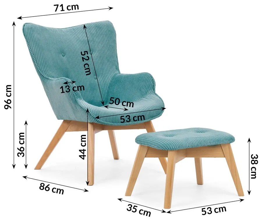 Fotoliu cu taburet turcoaz cu tapițerie din catifea reiată Niko – Ropez