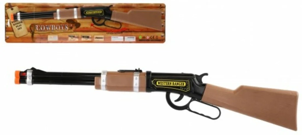 Puşcă / Pistol repetitiv cowboy plastic 62x10cm pe baterii cu lumină pe card