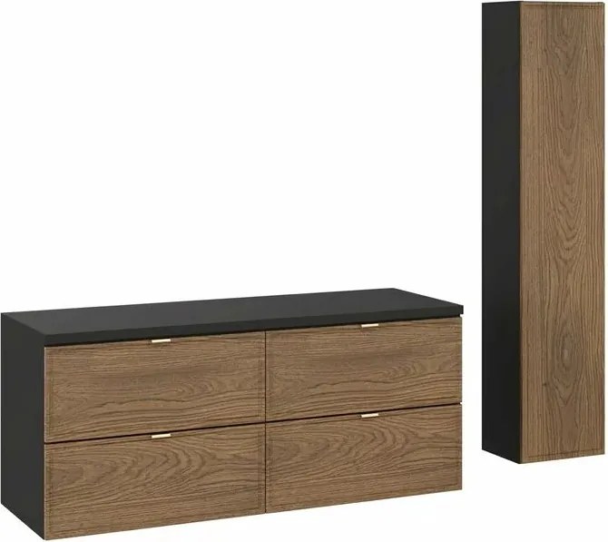 Set dulap baza suspendat 120 cm cu blat si dulap coloana Comad Talia negru mat si stejar Casella