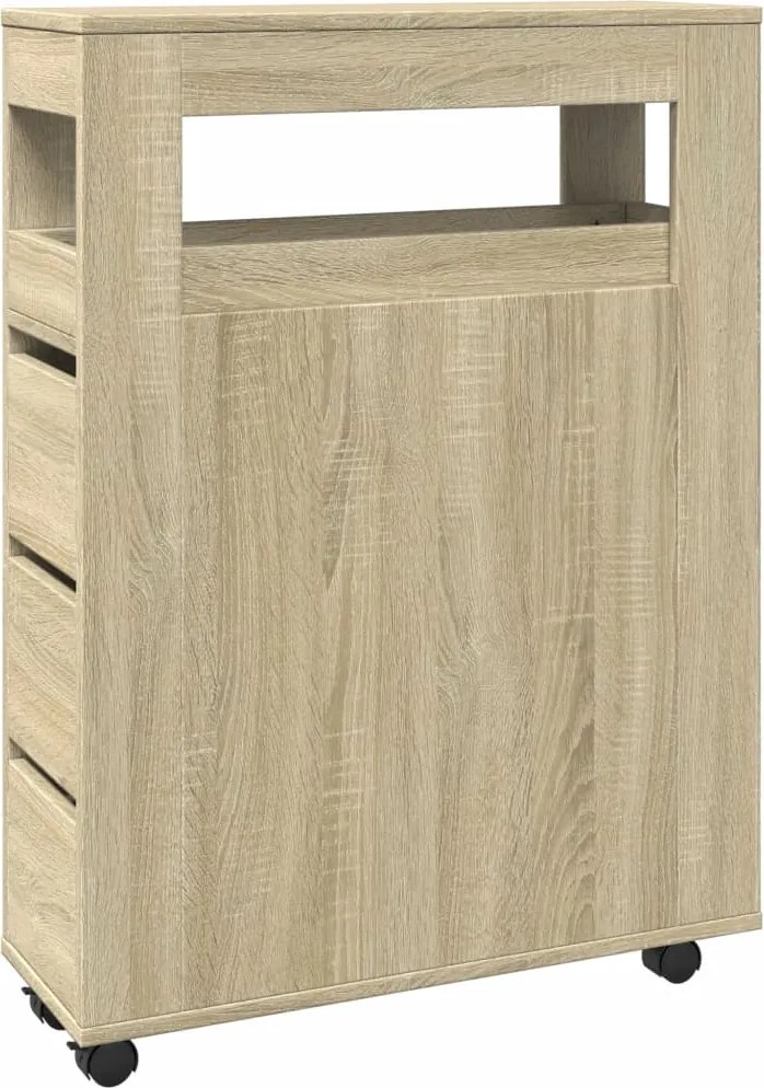 vidaXL Dulap de baie îngust cu roți, stejar sonoma, lemn prelucrat
