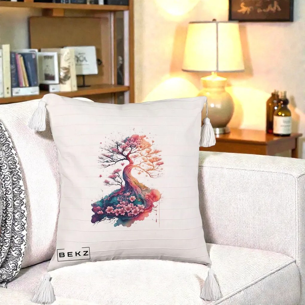 Perna Decorativa Copac Sakura Acuarela Fantasy, 40x40 cm, Bej cu Franjuri, Husa Detasabila, Perna Inclusa, BEKZ®
