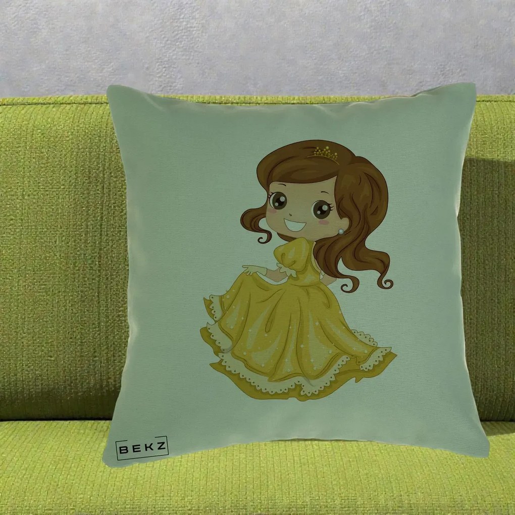 Perna Decorativa Printesa Bella Rochie Aurie, 40x40 cm, Verde, Husa Detasabila, Perna Inclusa, BEKZ®