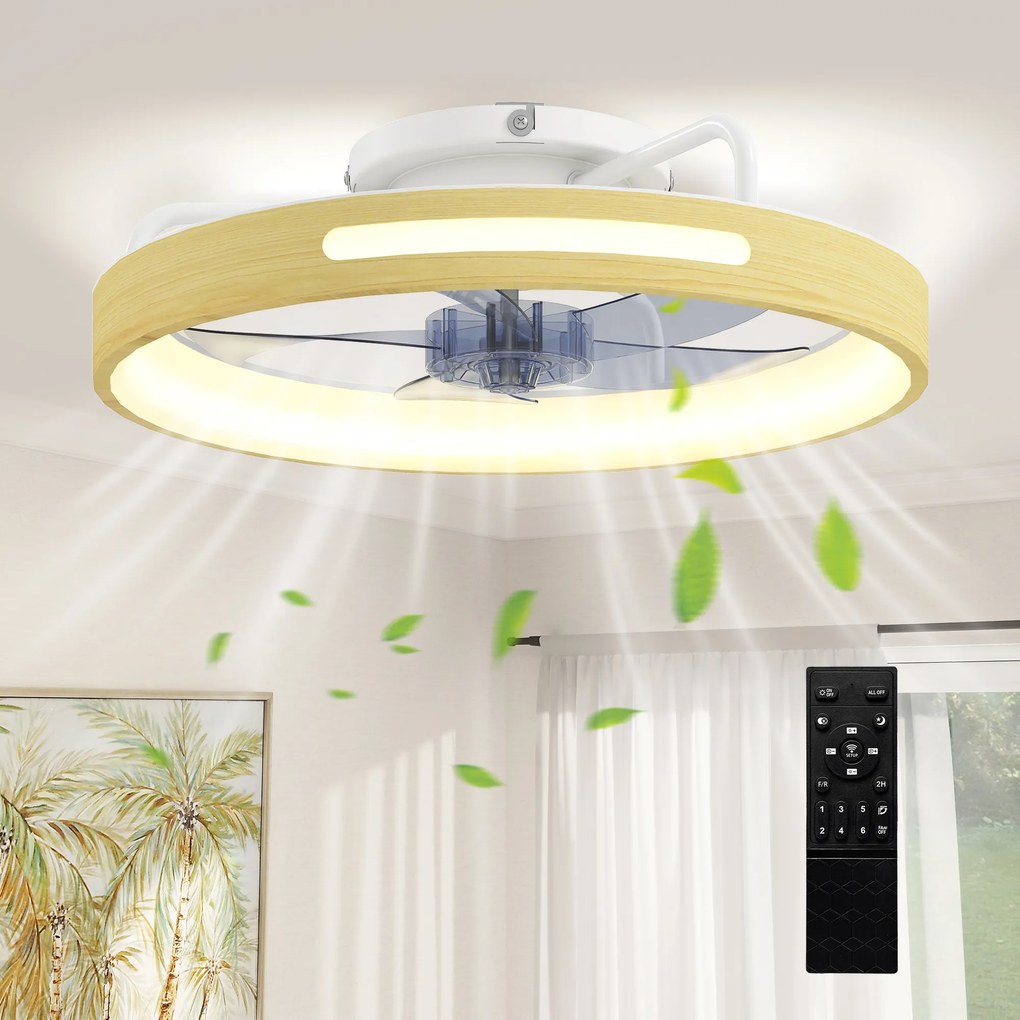 HOMCOM Ventilator de tavan cu lumină LED 40 W Motor DC reversibil Telecomandă 6 viteze 3 culori Temporizator Lemn Natural | Aosom Romania