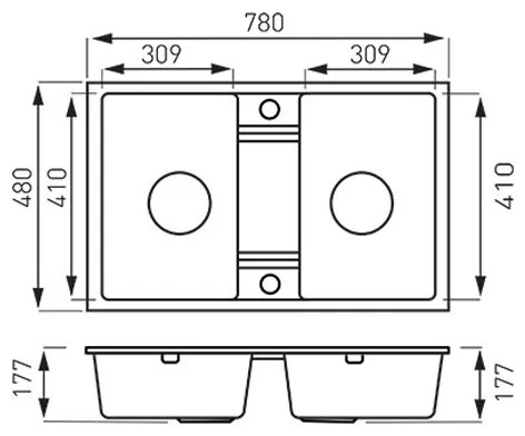 Chiuveta granit Ferro, Mezzo II, dreptunghiulara, 2 cuve, 780x480 mm, grafit