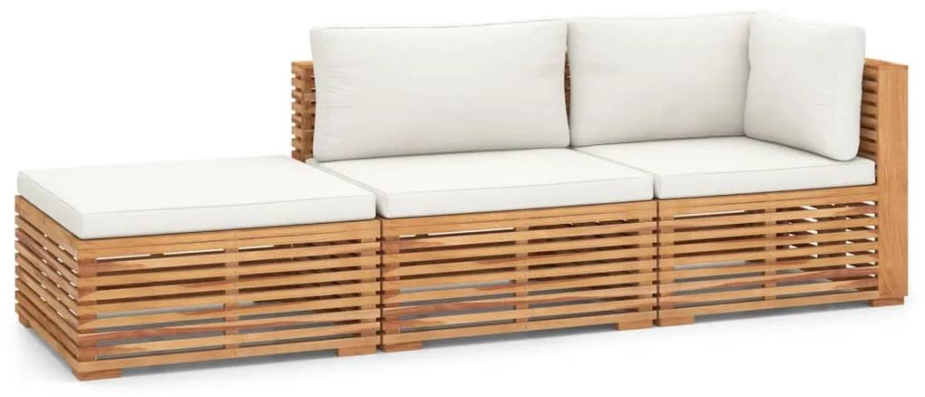 Set mobilier de gradina cu perne crem, 3 piese, lemn masiv tec Crem, colt + mijloc + suport pentru picioare, 1