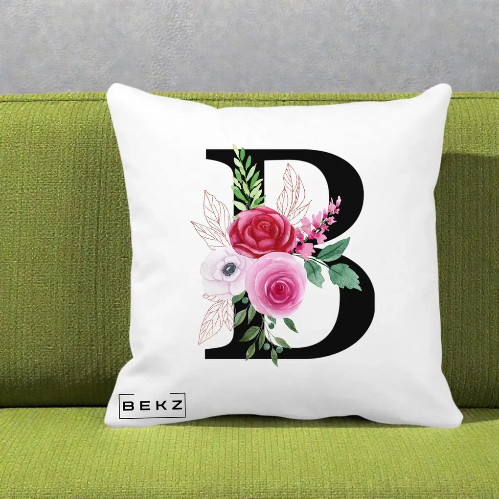 Cadou Personalizat - Perna Personalizata Monograma Florala Litera B, 40x40 cm, Alba Mata, Husa Detasabila, Perna Inclusa, BEKZ®