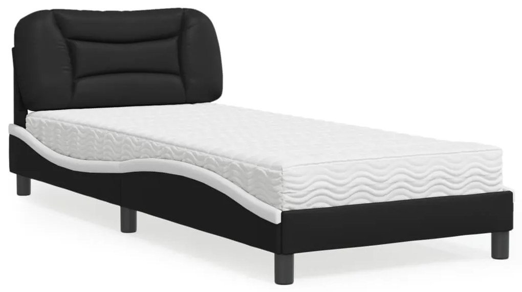 vidaXL Pat cu saltea, negru și alb, 90x200 cm, piele ecologică