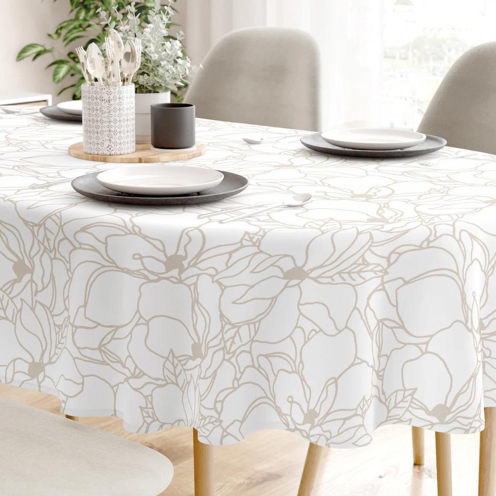 Goldea față de masă 100% bumbac - flori bej deschis pe alb - ovală 120 x 160 cm