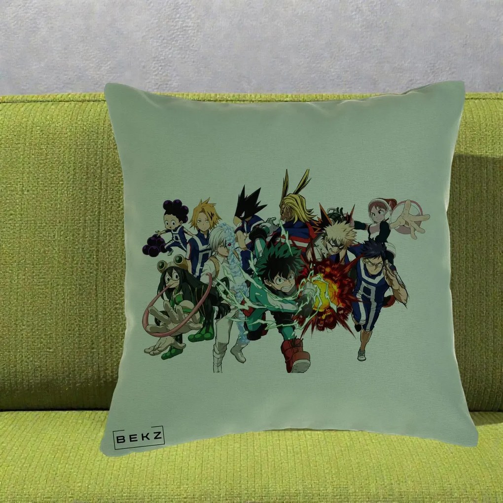 Perna Personalizata My Hero Academia Clasa 1-A Complet, 40x40 cm, Verde, Husa Detasabila, Perna Inclusa, BEKZ®