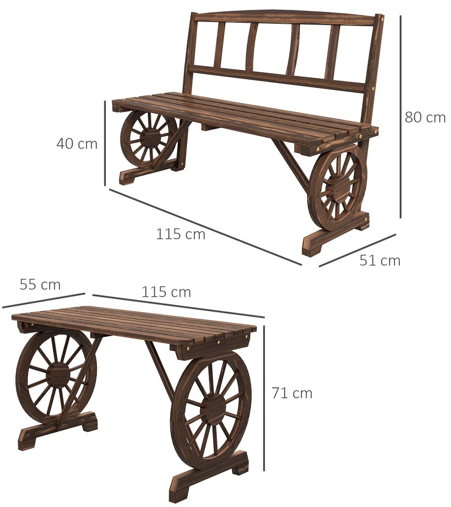 Outsunny Set de mobilier de terasa din 3 piese, pentru exterior, Set din lemn pentru gradina cu doua scaune, Carbonizat | Aosom Romania