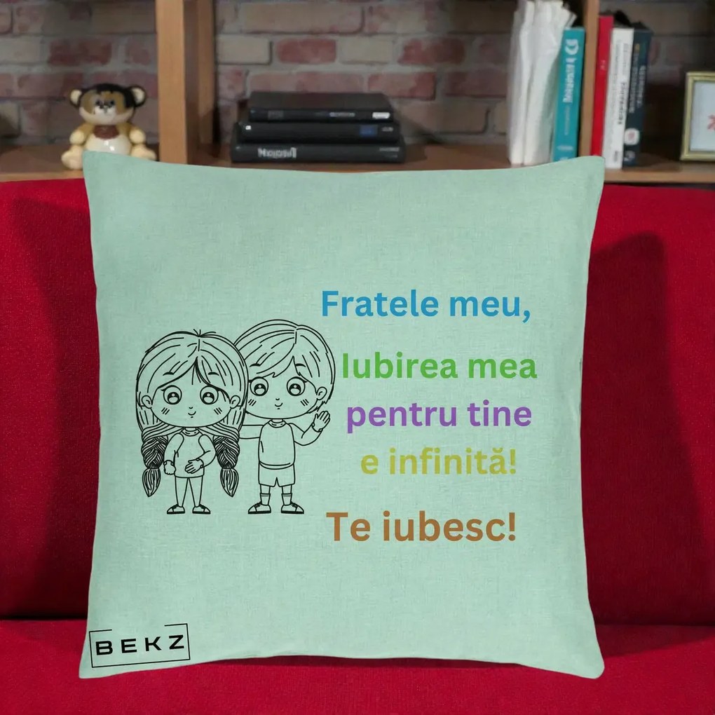 Cadou pentru Frate - Perna Personalizata Fratele Meu Te Iubesc Copii Anime Colorat, 40x40 cm, Verde Menta, Husa Detasabila, Perna Inclusa, BEKZ®
