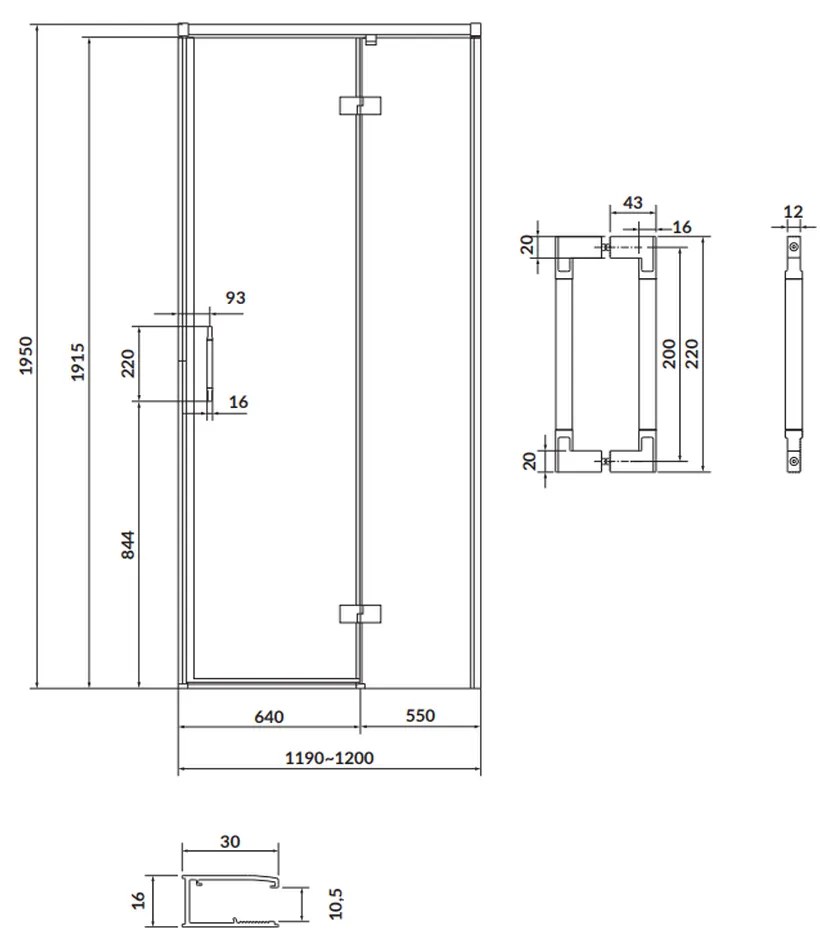 Usa sticla dus batanta 120x195 cm profil crom Cersanit Larga, montare dreapta 1200x1950 mm, Dreapta, Crom lucios