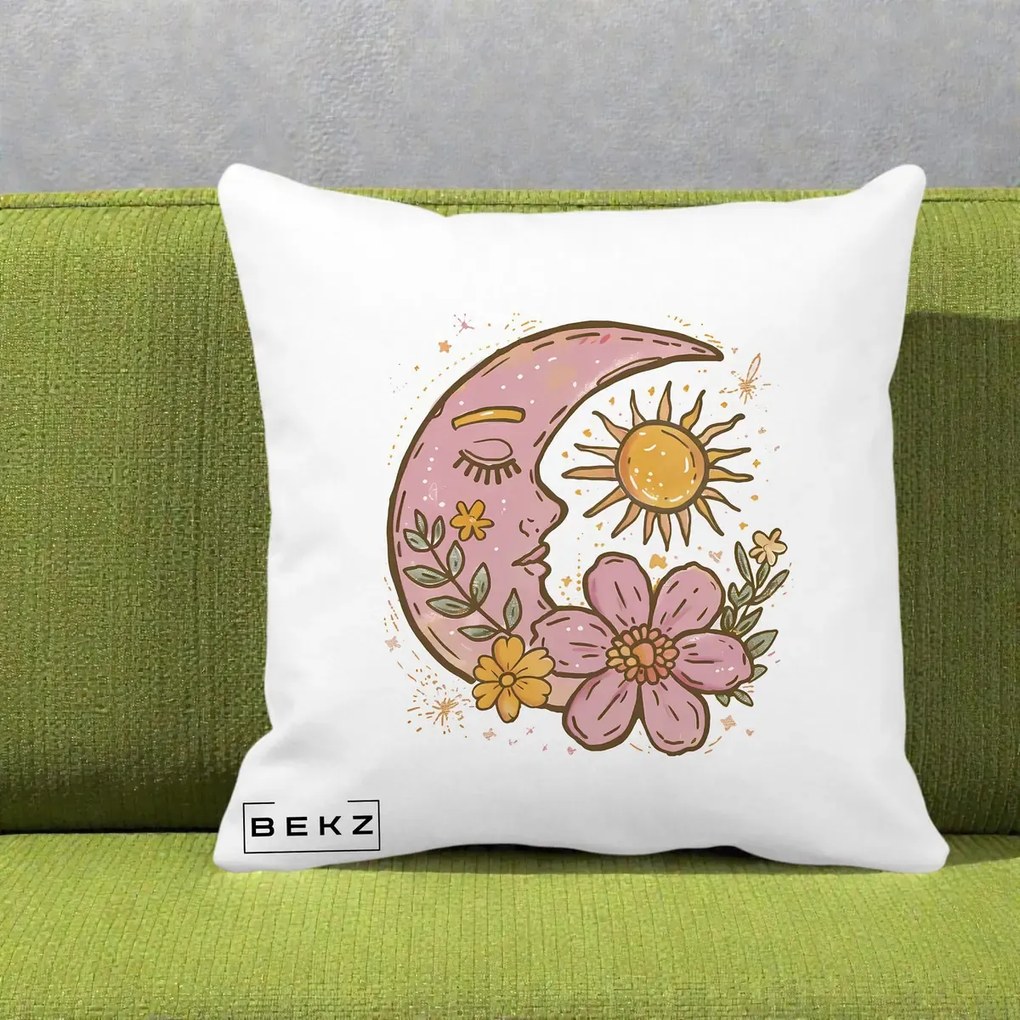 Perna Personalizata Luna si Soare Floral Boho, 40x40 cm, Alba Mata, Husa Detasabila, Perna Inclusa, BEKZ®