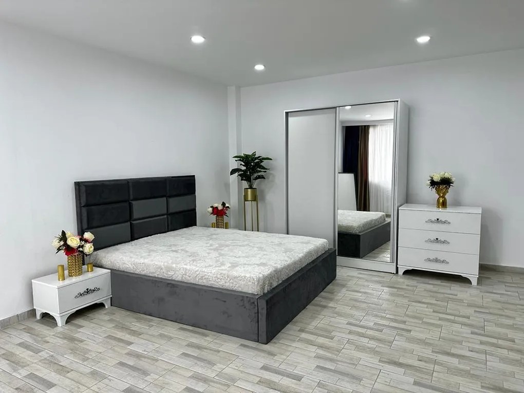 Dormitor complet Roma, culoare gri / alb, cu pat Roma 160 x 200 cm, dressing Erika, 2 noptiere si comoda Viena